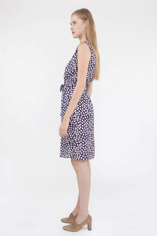 The Sleeveless Tie Waist Dress | Navy Shadow Dot