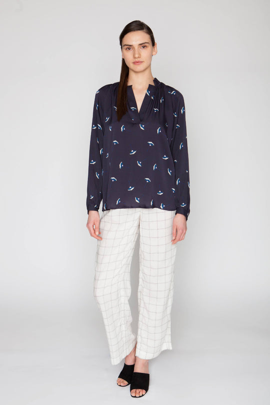 The Long Sleeve Polo Blouse | Navy Gingko Leaf