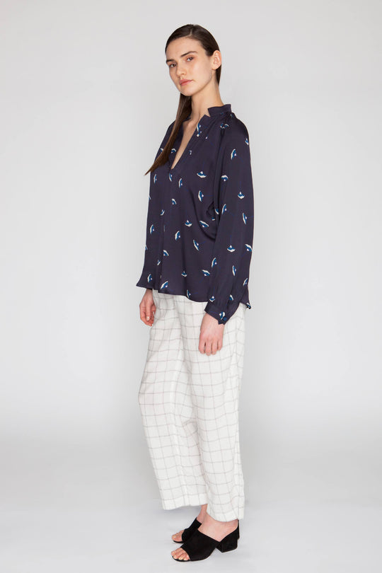 The Long Sleeve Polo Blouse | Navy Gingko Leaf